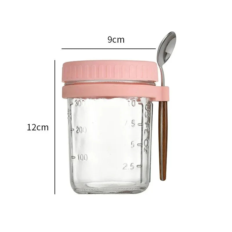 Overnight oats-glas med rosa lock och sked, 9 x 12 cm