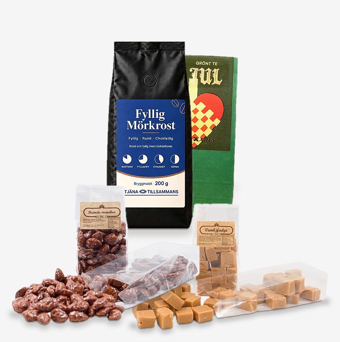 Julpaket: Fyllig Mörkrost 200 g, grönt julte 100 g, brända mandlar 300 g och vaniljfudge 400 g
